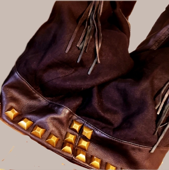 LIVE on SUNSET Blk. Linen/ Leather XL HoBo w/ Studs Bag-NEW - Picture 2 of 13